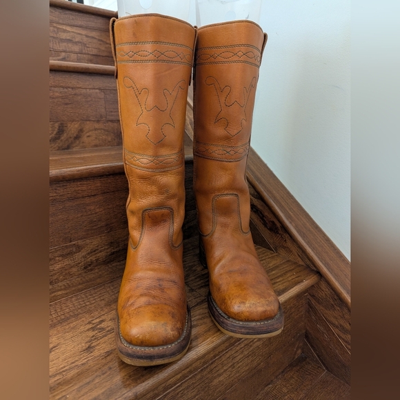 Vintage 70s Longhorn Stitched Campus Frye style Amber leather Western Boots 10 D - Picture 14 of 16